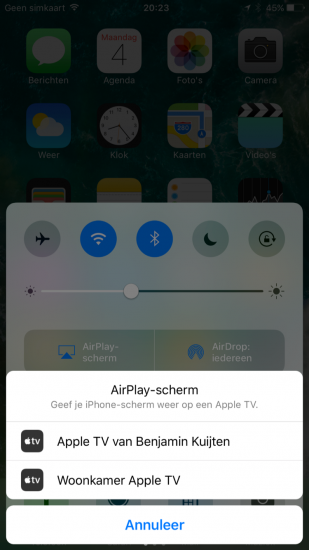 Bedieningspaneel in iOS 10 met AirPlay en synchrone weergave.