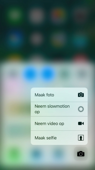 Bedieningspaneel in iOS 10 met 3D Touch op camera.