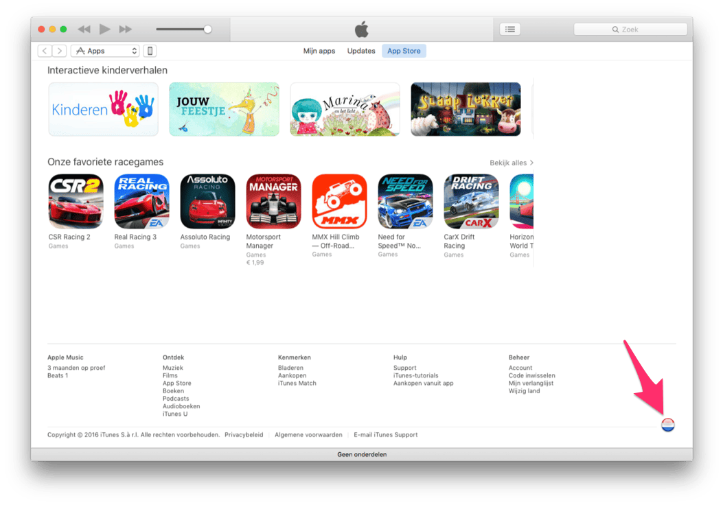 Land wisselen in de App Store via iTunes.