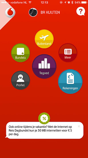 Hoofdmenu van de vernieuwde My Vodafone-app.