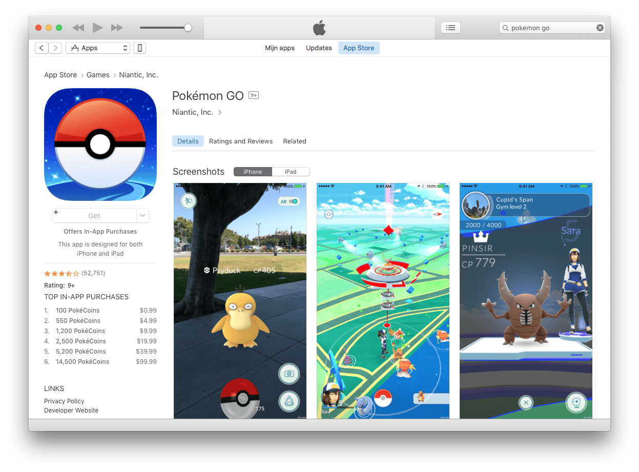 Pokémon Go in iTunes.