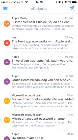 Lijst van mails in Polymail.