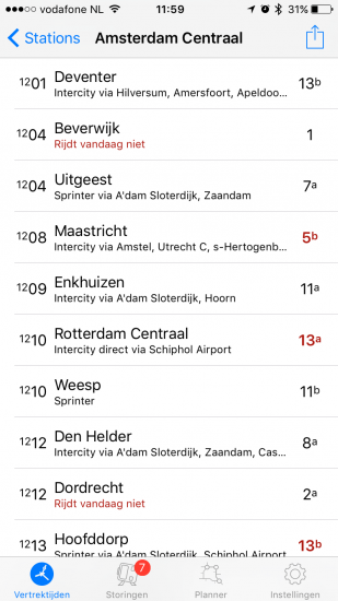 Trein 2 met vertrektijden van Amsterdam Centraal.