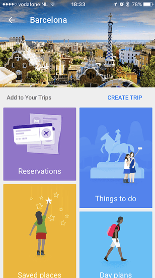 Google Trips met Barcelona.