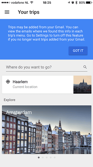 Google Trips bekijkt je email.