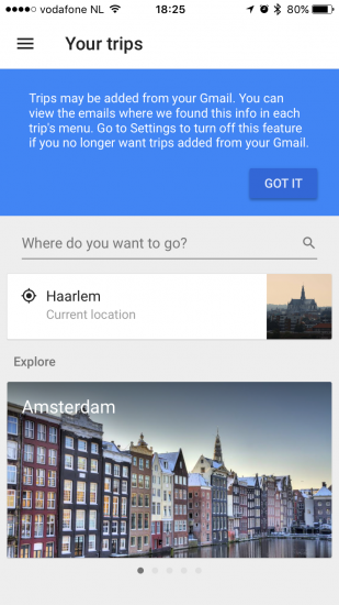 Google Trips bekijkt je email.