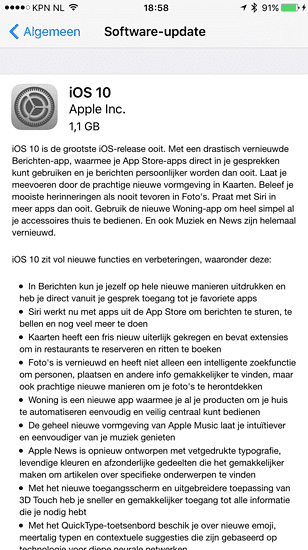 iOS 10 update-beschrijving