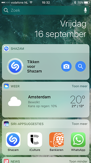 Shazam-widget voor iOS 10.