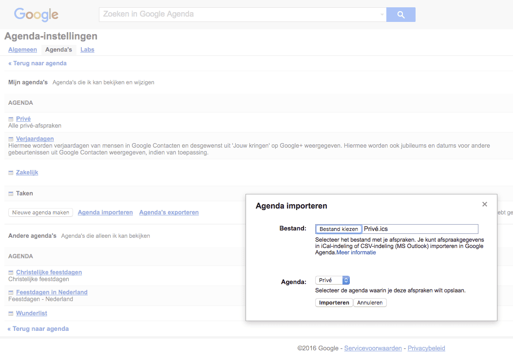 Google Agenda desktop importeren