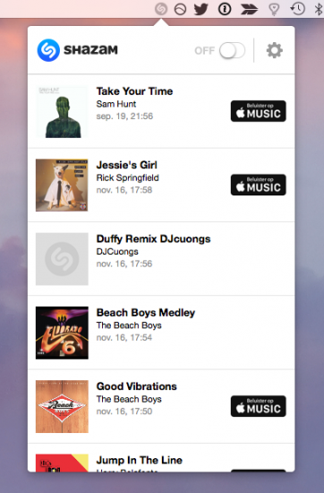 Shazam op de Mac met schakelaar uit.