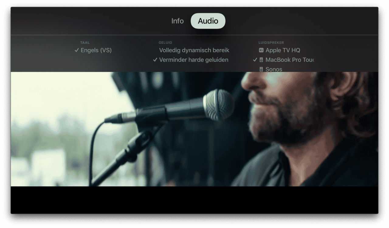 Apple TV audio uitvoer selecteren tijdens video.