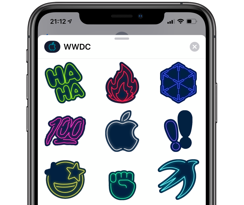 WWDC 2019 app met neon stickers
