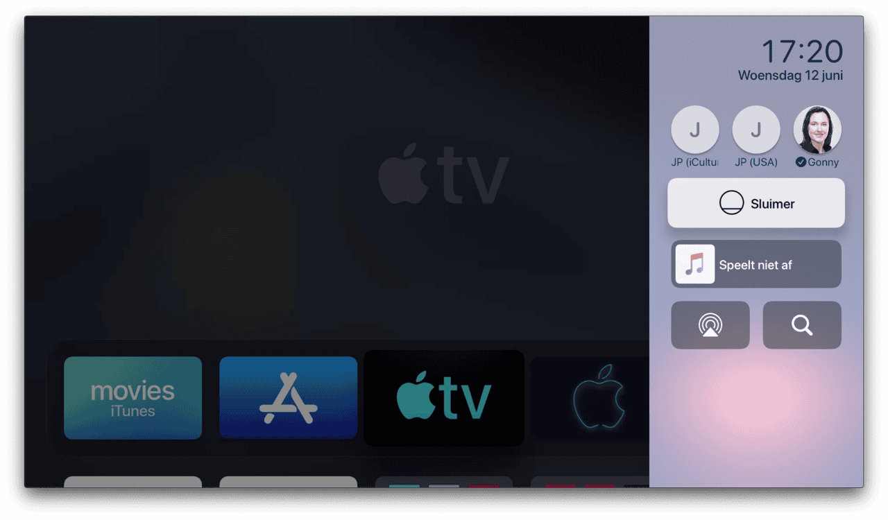 Apple TV Bedieningspaneel tijdens beginscherm.