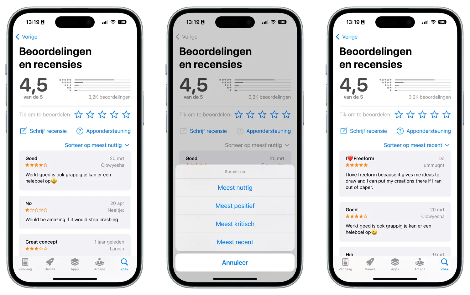 App Store reviews sorteren: recensies in volgorde meest recent of meest nuttig bekijken