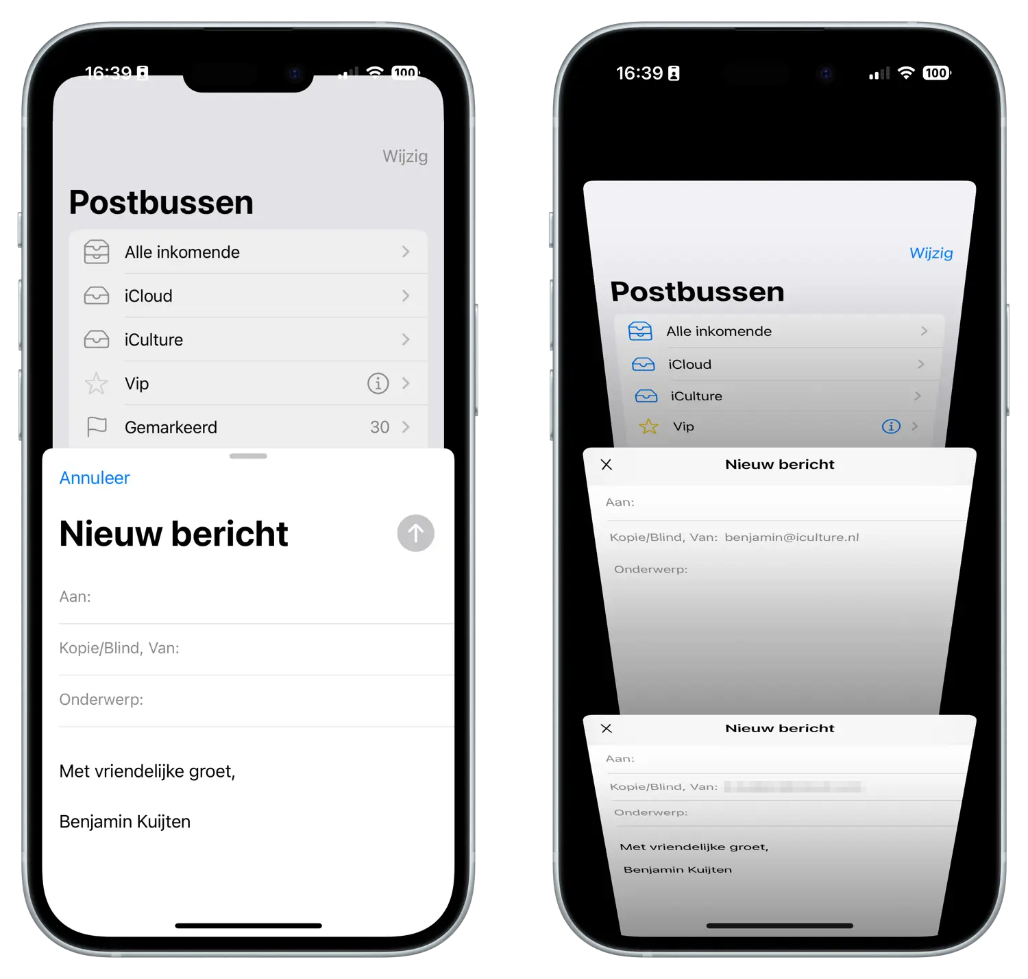 Meerdere e-mails minimaliseren en wisselen op de iPhone