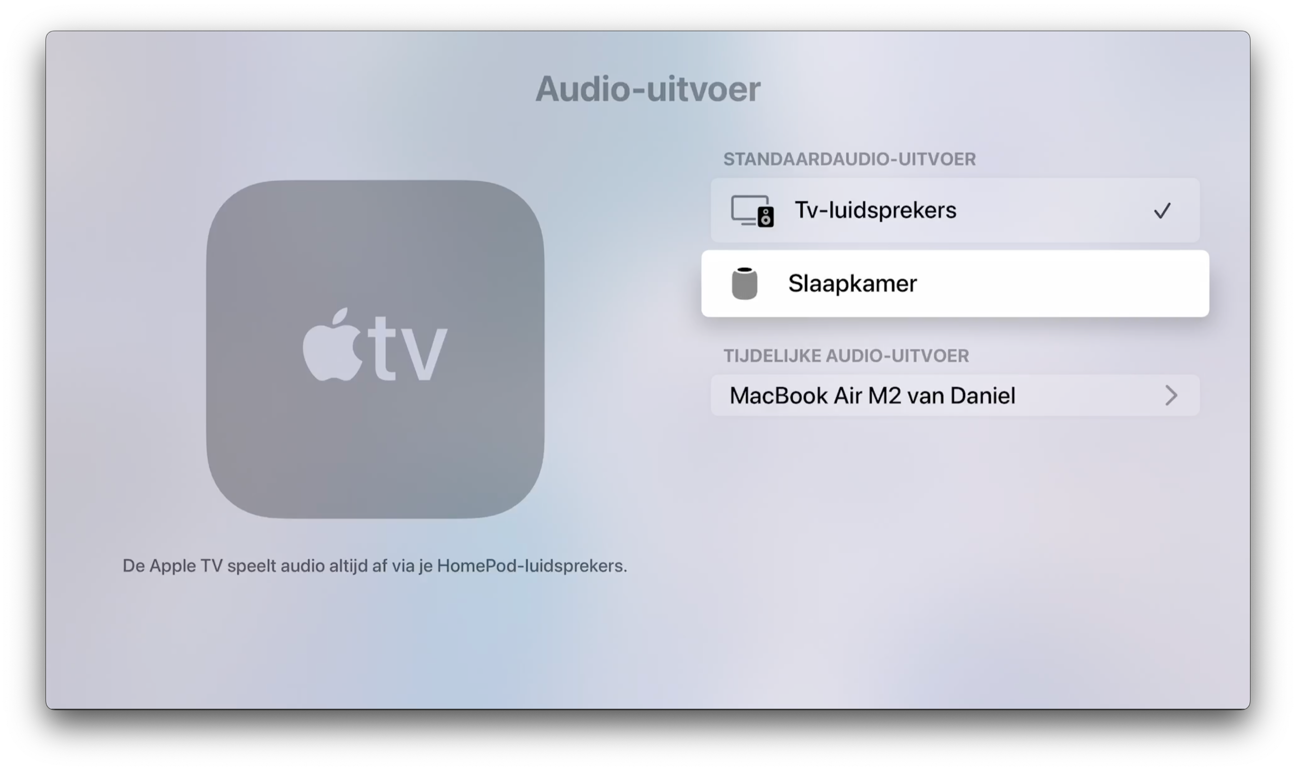 Audio-uitvoer op Apple TV instellen op HomePod