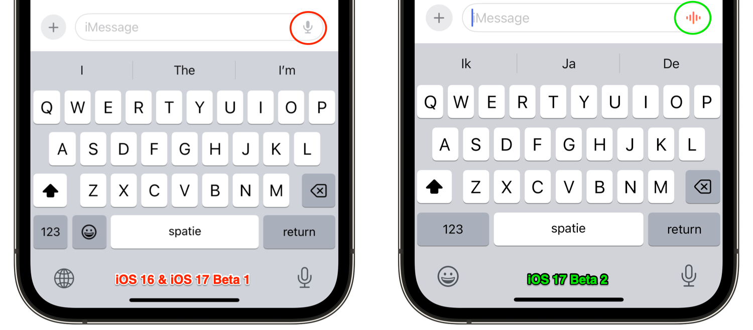 iOS 17: knop voor spraakberichten in beta 1 vs beta 2