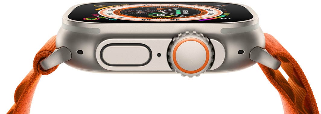 Apple Watch Ultra zijkant met oranje bandje