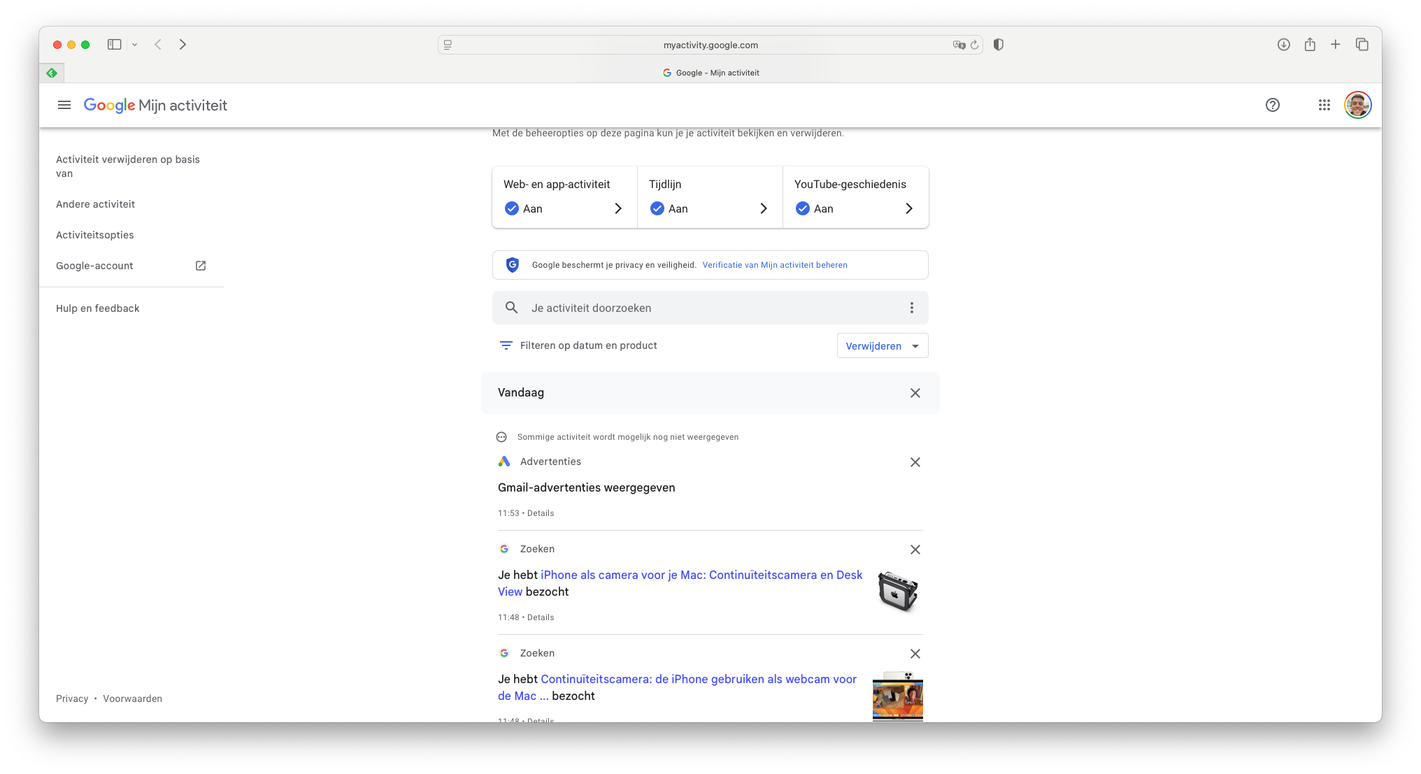Recente activiteit Google inzien