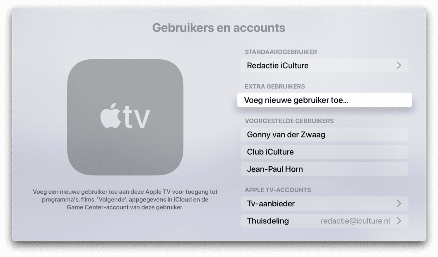 Apple TV: gebruiker toevoegen via instellingen