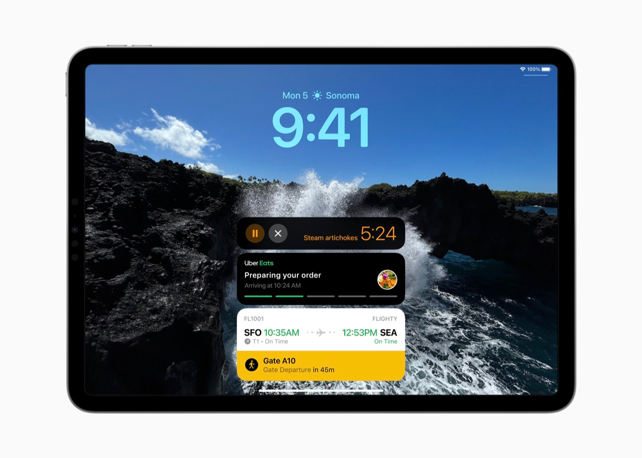 iPadOS 17 toegangsscherm met Live Activiteiten