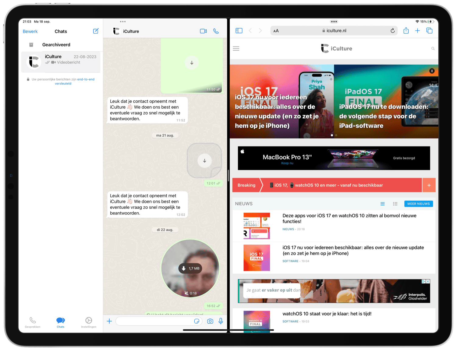 WhatsApp op iPad met Split View-functie