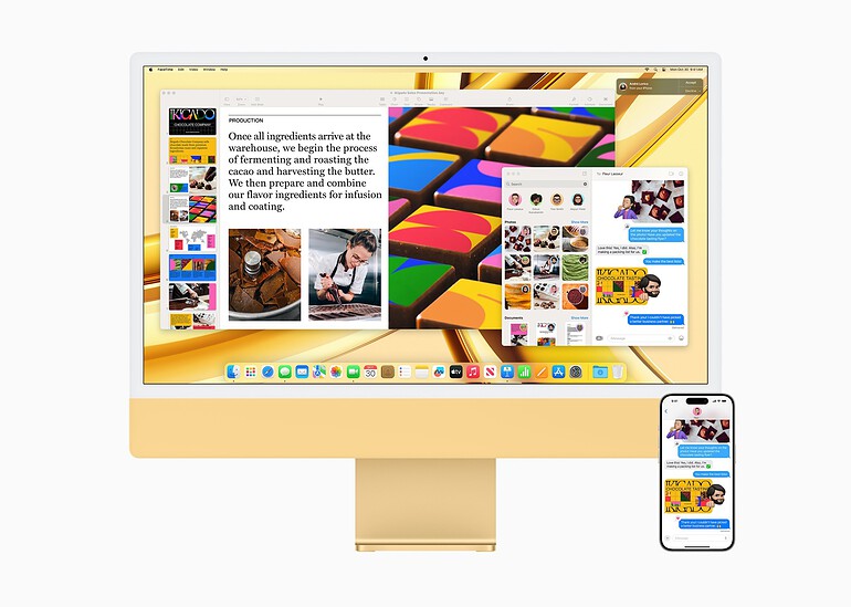 Apple iMac M3 in geel met Continiuteitscamera op iPhone 15 Pro