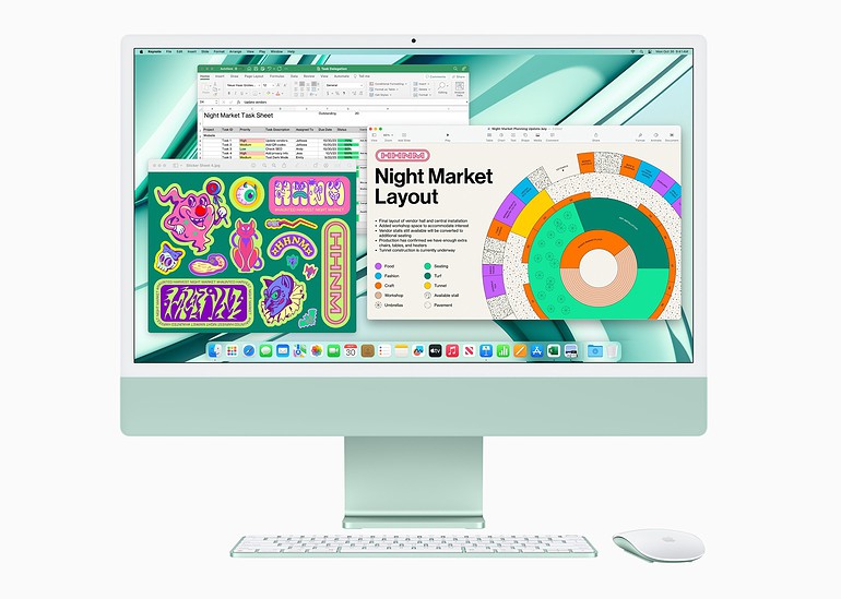 Apple iMac M3 in mintgroen met Apple iWork productiviteitsapps