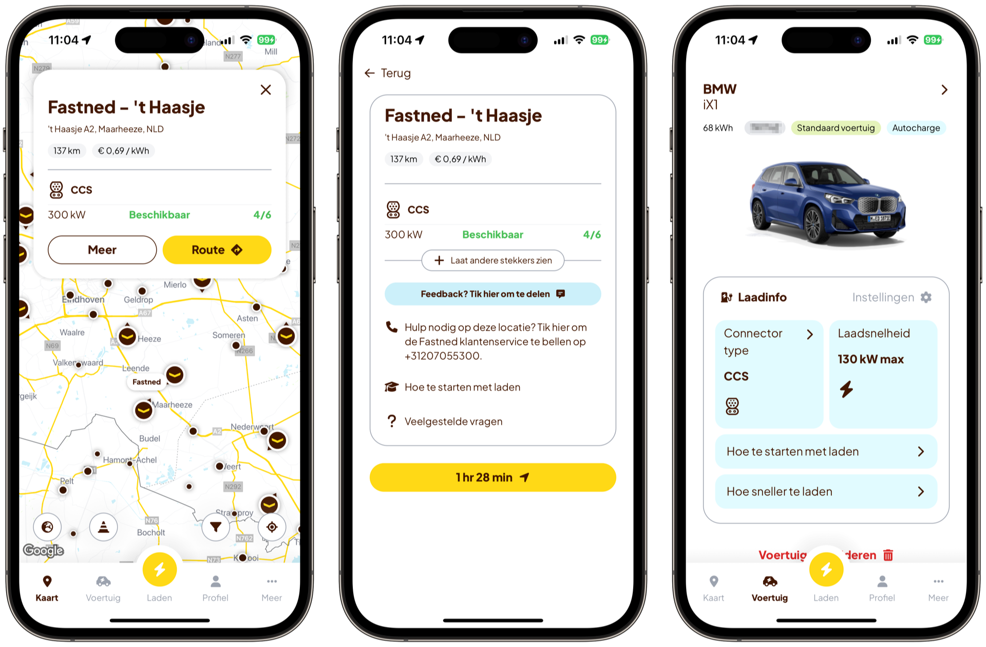 Fastned-app met informatie over laadpunten en auto