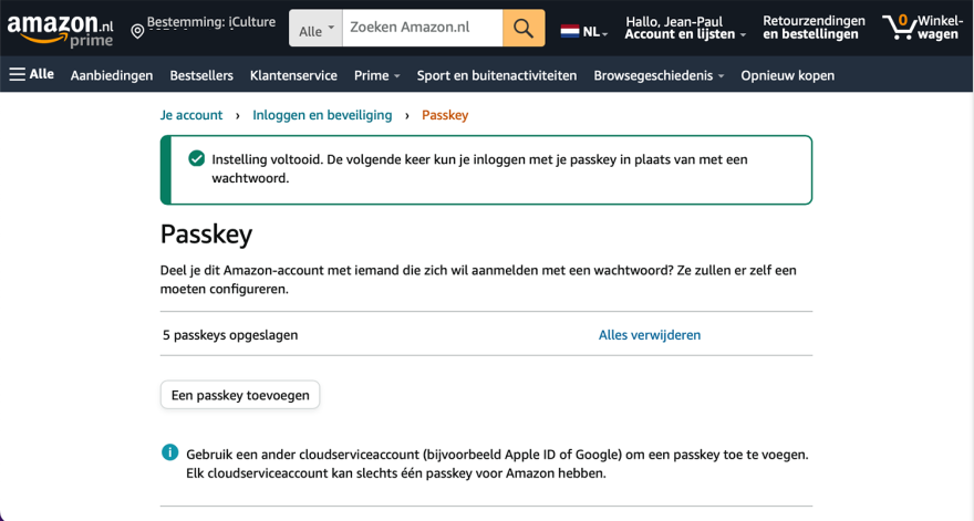 Amazon passkeys instellen