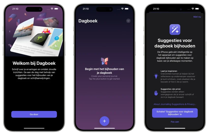 Dagboek app welkomstschermen