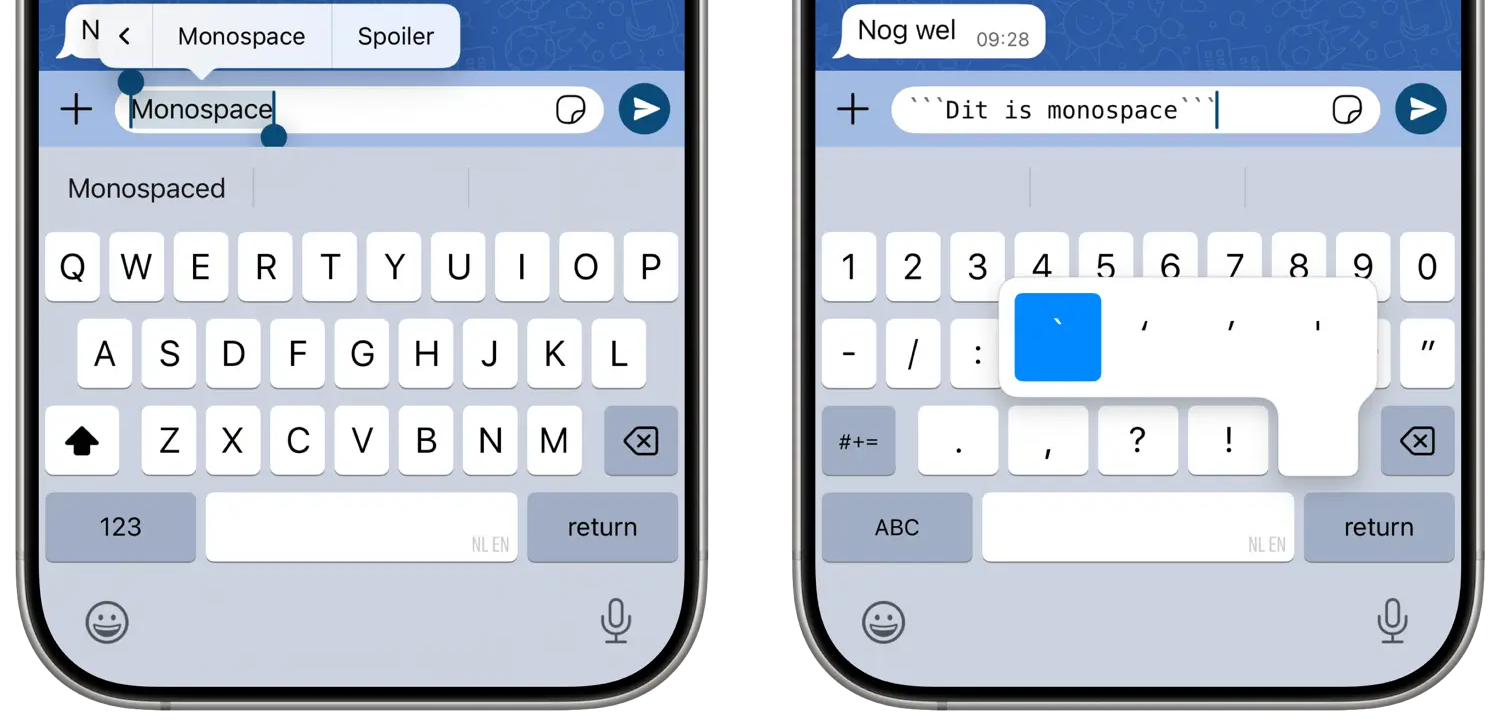 WhatsApp opmaak met monospace lettertype
