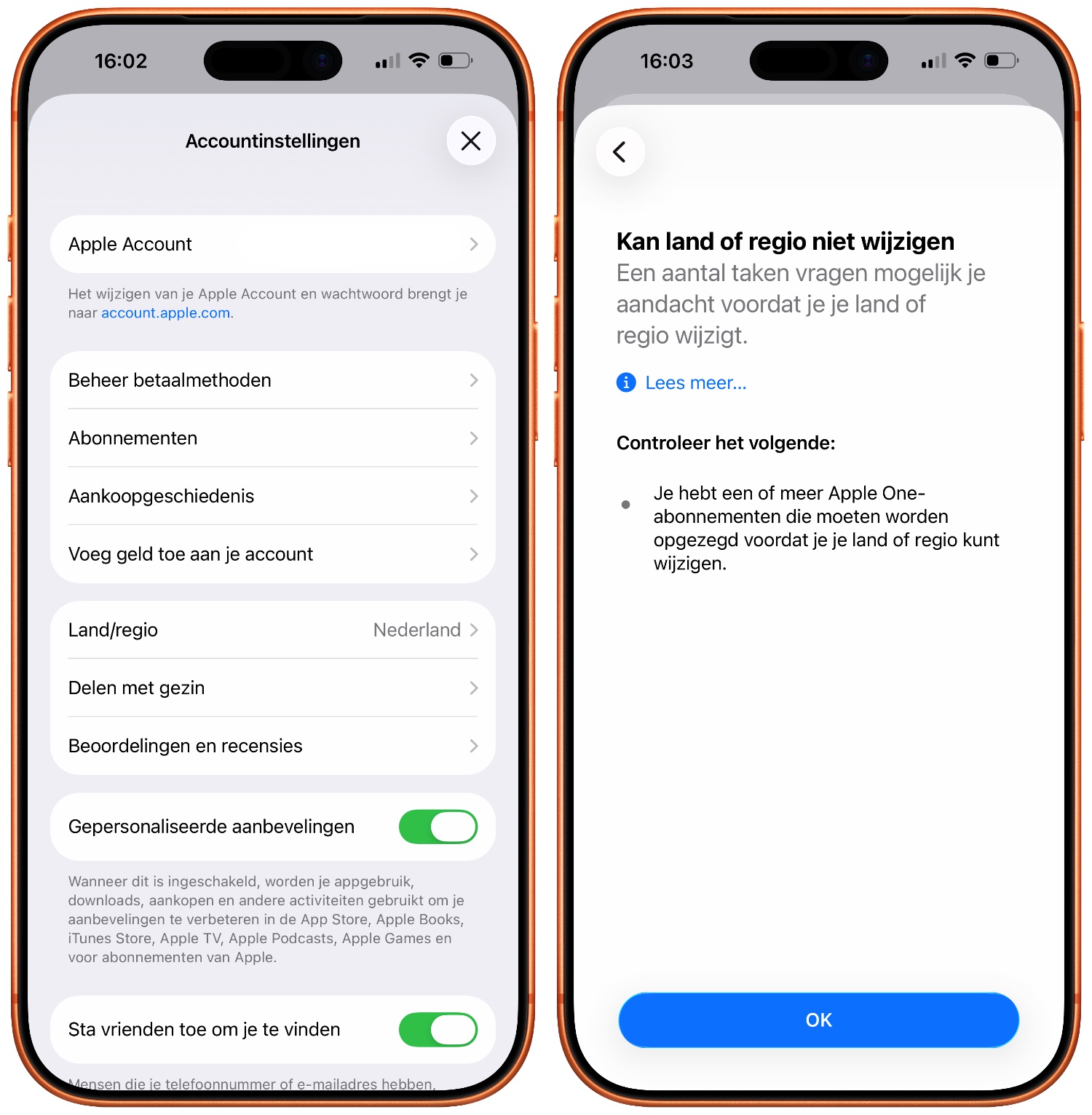 Land of regio wisselen Apple Account