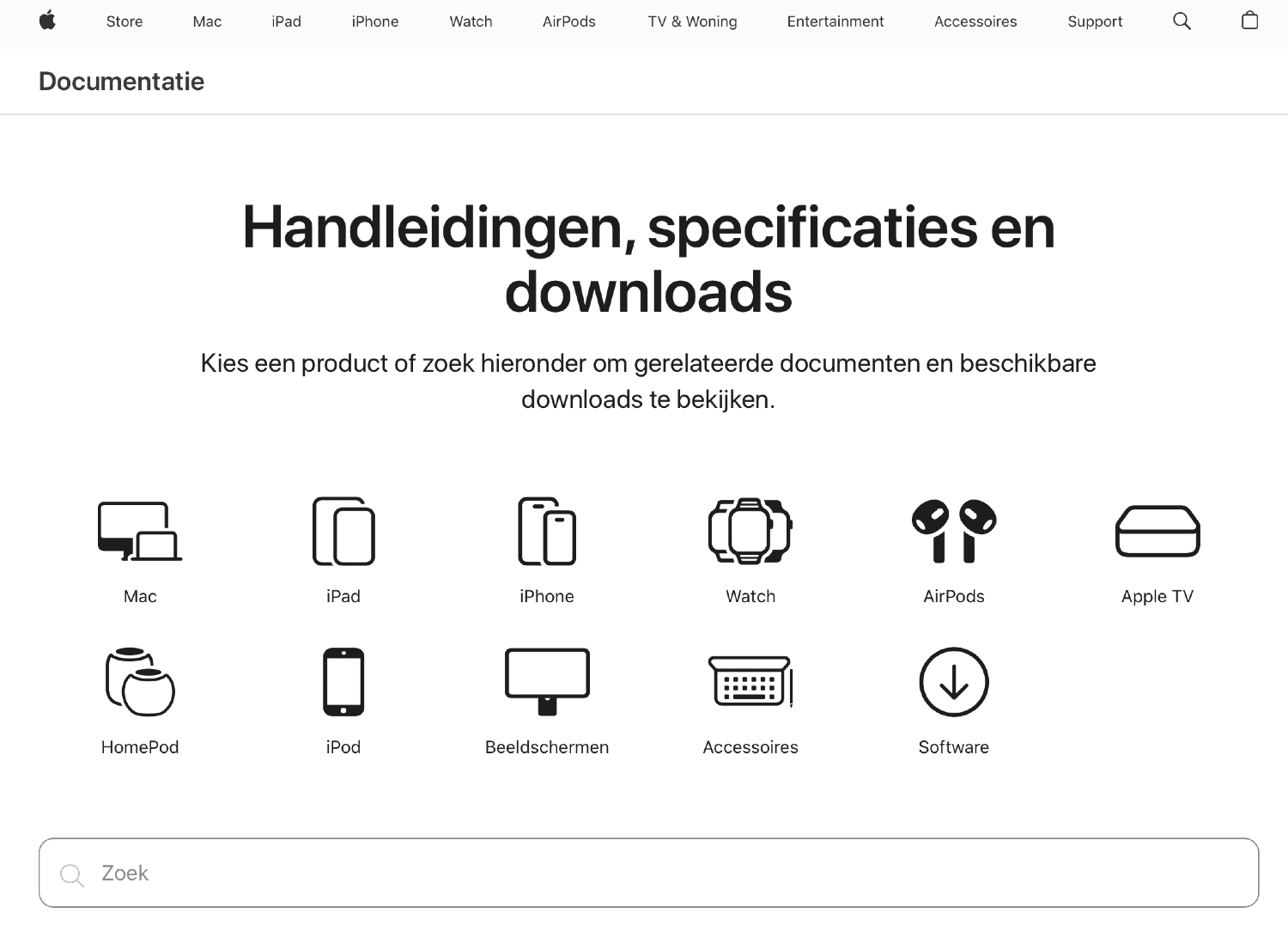 Apple Documentatie pagina met handleidingen en specs