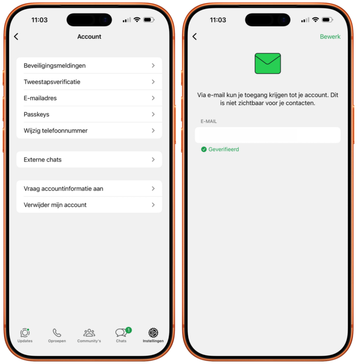 E-mailadres instellen WhatsApp