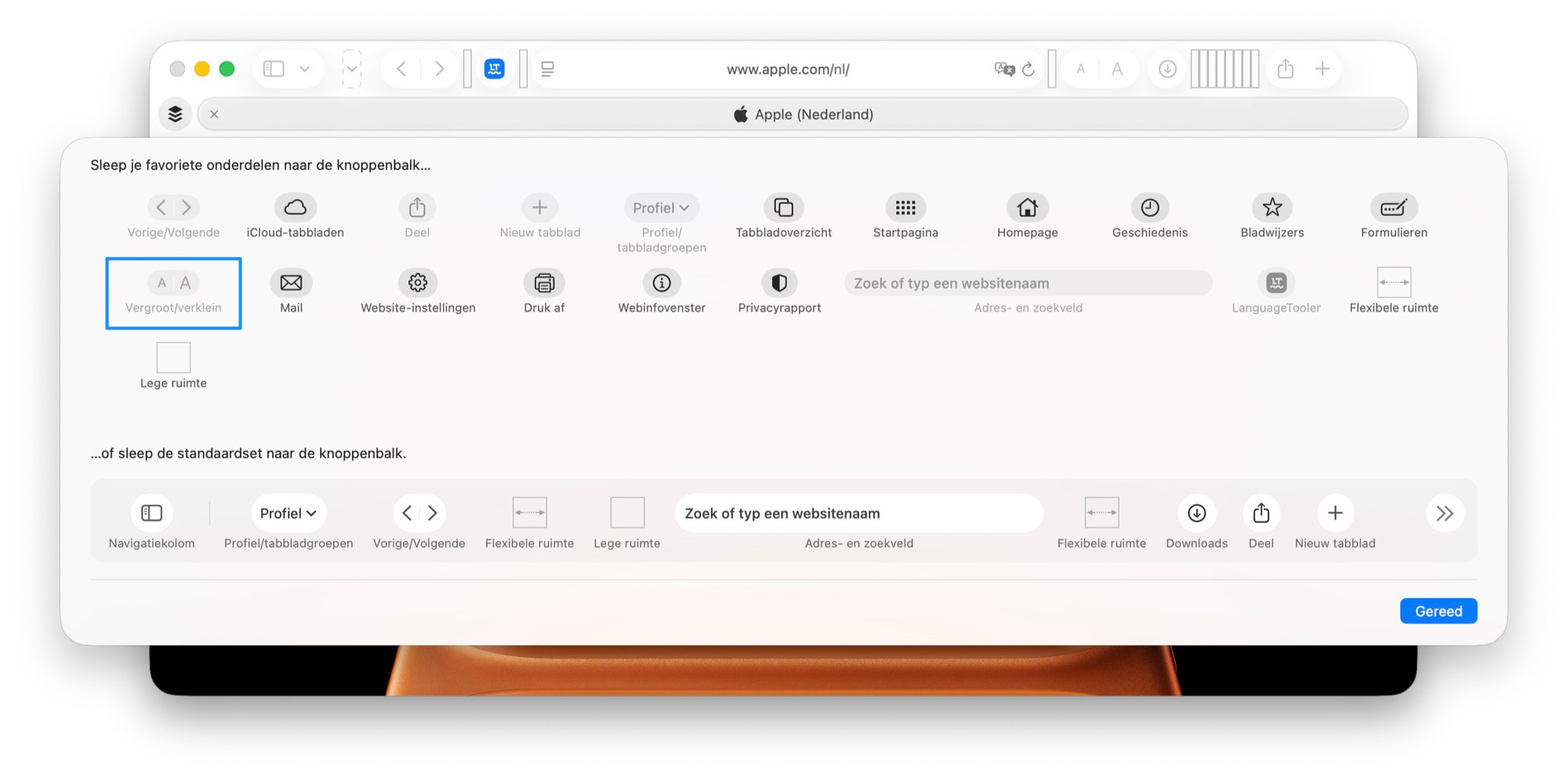 Knoppenbalk voor lettergrootte aanpassen in Safari voor Mac