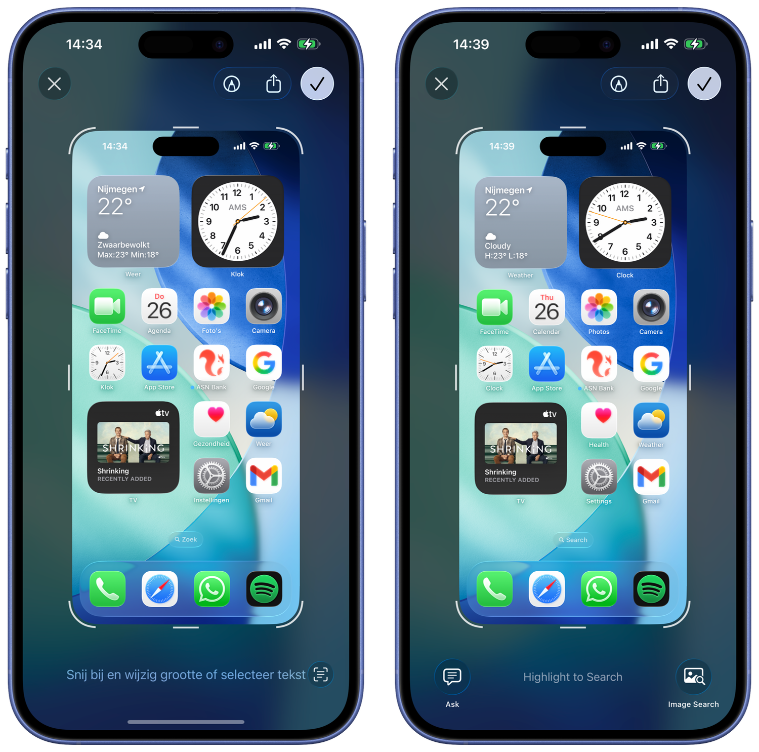 Screenshots met en zonder Apple Intelligence