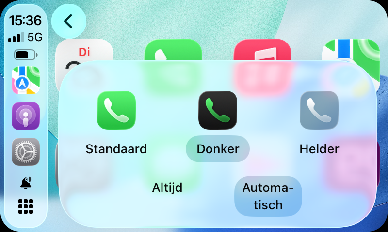 CarPlay icoontjes aanpassen in iOS 26: automatisch donker