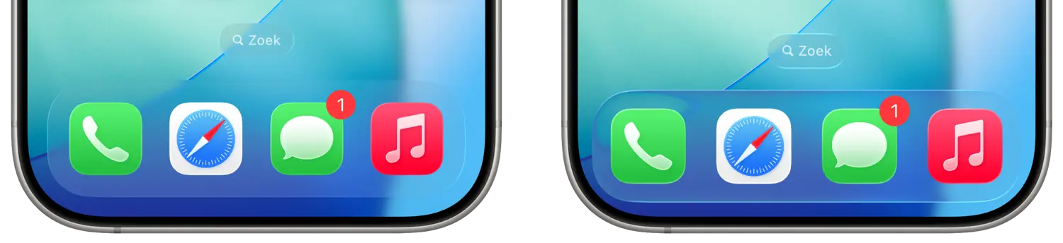 Liquid Glass in Dock in iOS 26 vs iOS 26.1