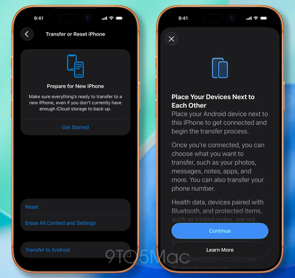 Nieuwe transfer naar Android-knop in Instellingen