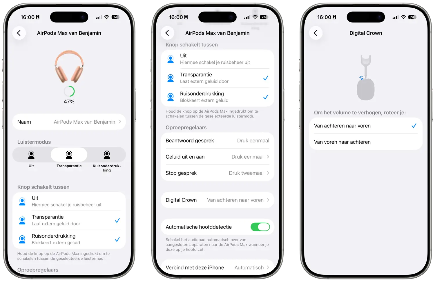 AirPods Max bedienen en instellingen voor Digital Crown wijzigen
