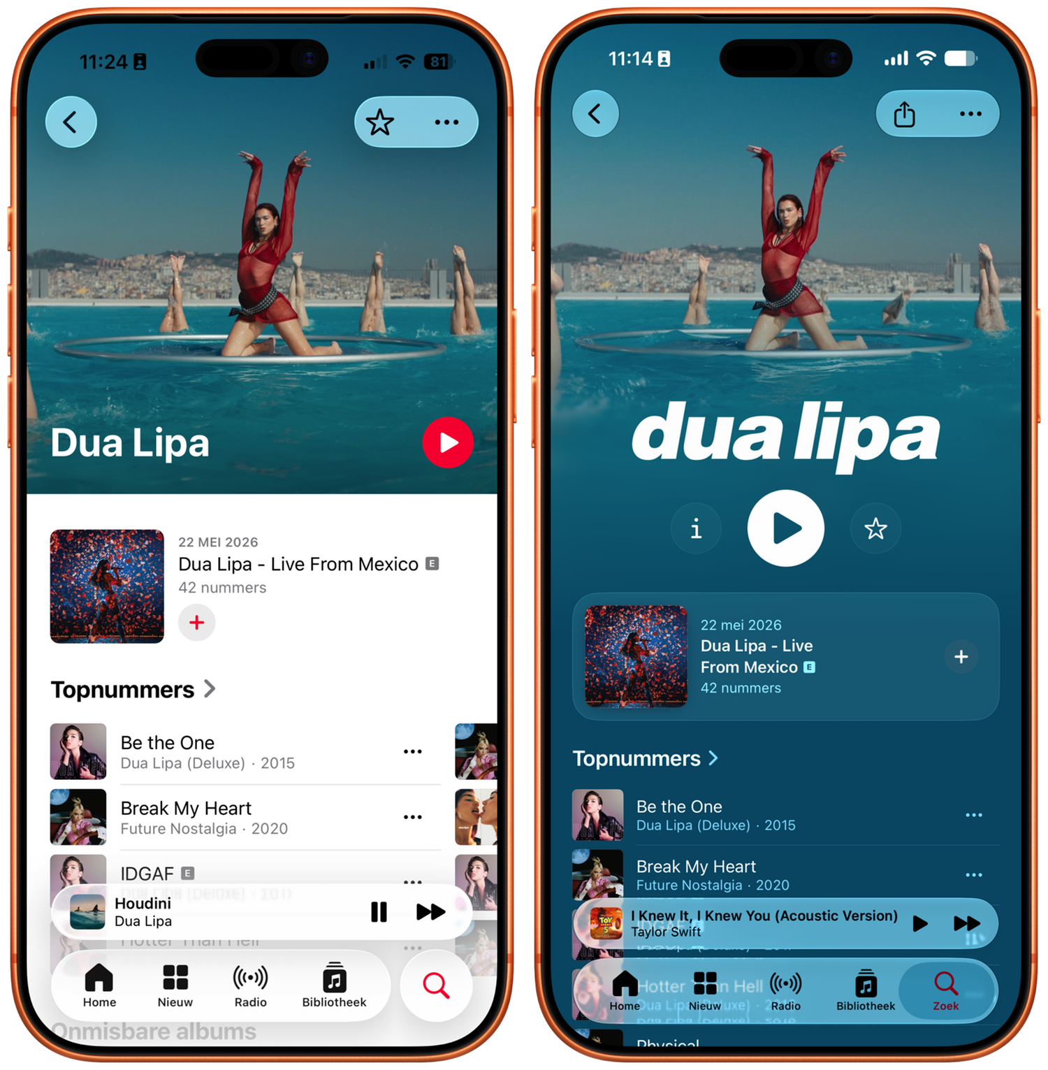 Artiestenpagina's in iOS 27 vs iOS 26