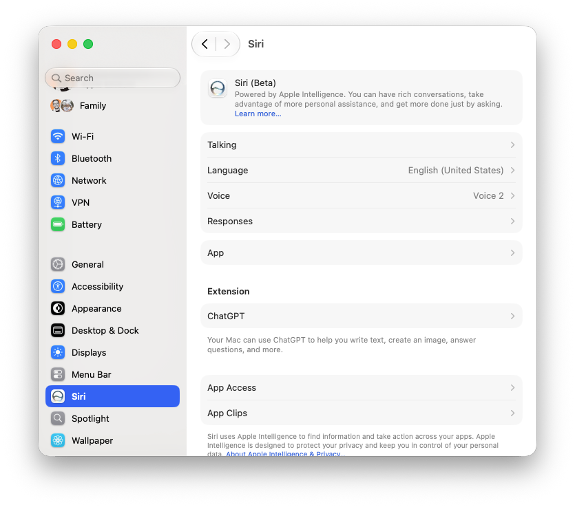 Instellingen voor Siri AI in macOS Golden Gate