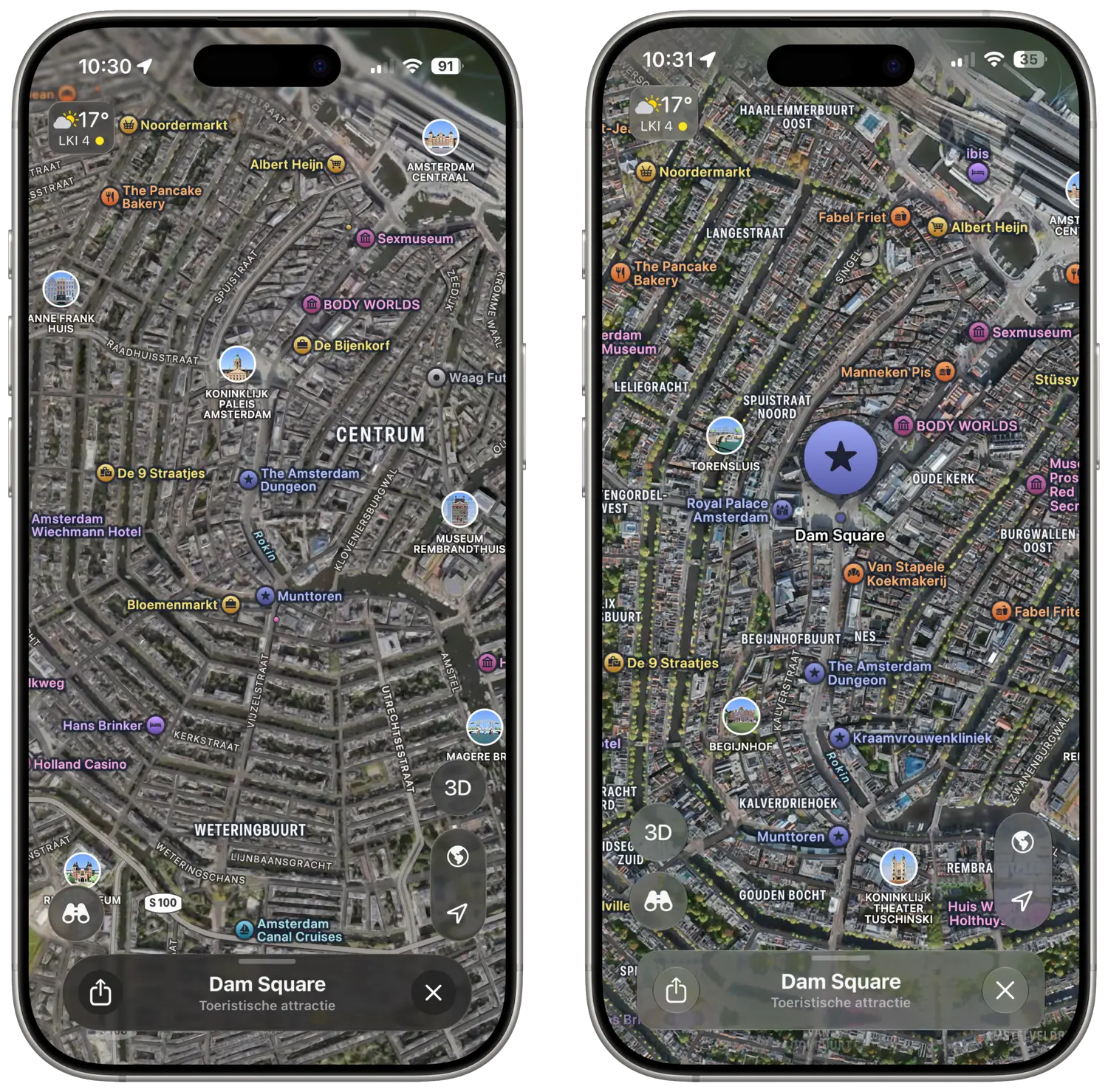Apple Kaarten Liquid Glass-design: iOS 26 (links) vs iOS 27 (rechts)