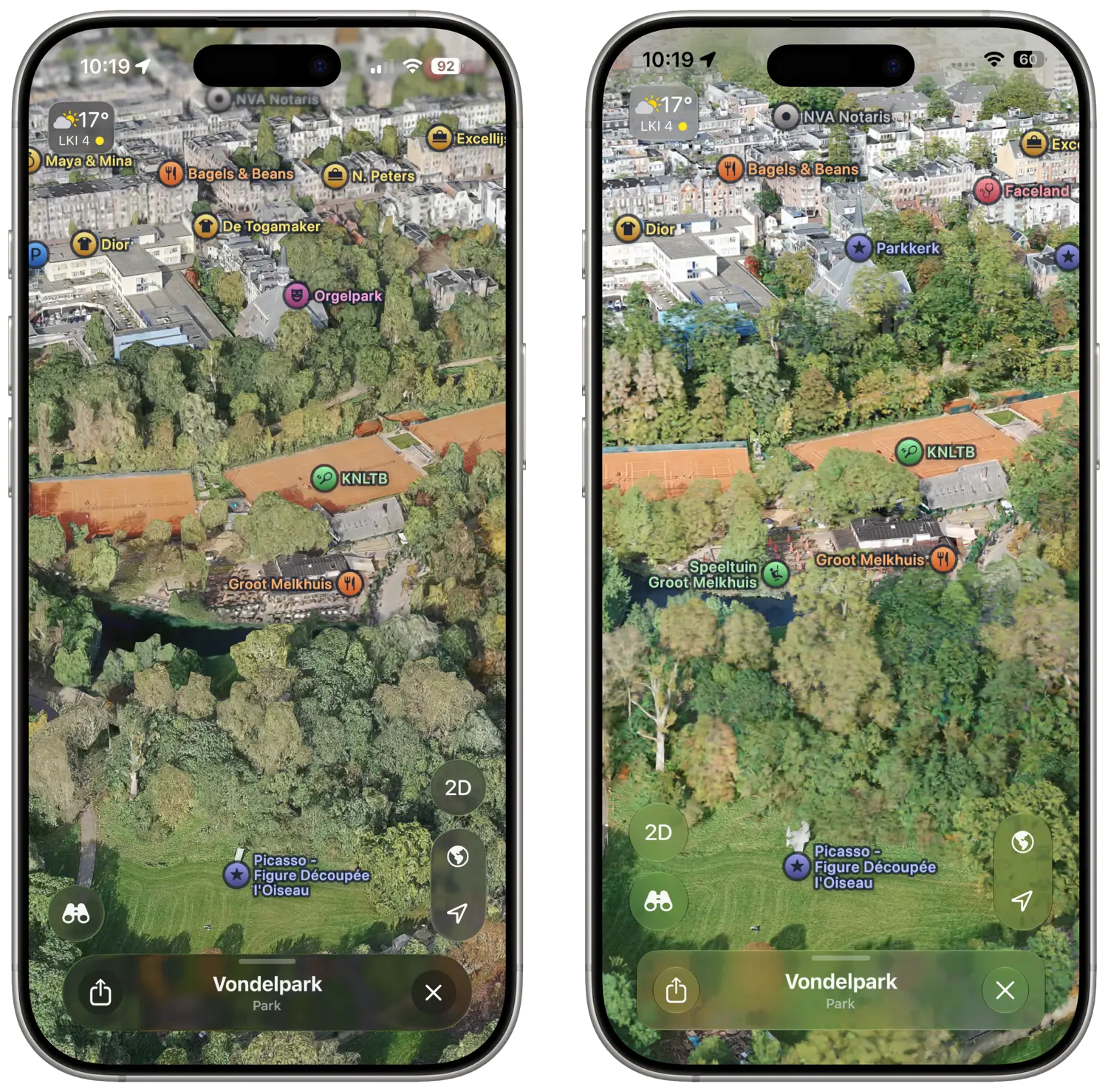 Verbeterde Flyover in Apple Kaarten in iOS 27: iOS 26 (links) vs iOS 27 (rechts)
