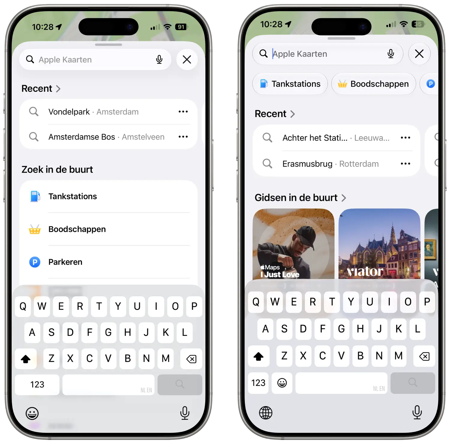 Apple Kaarten zoekscherm: iOS 26 (links) vs iOS 27 (rechts)