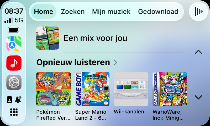 Home-tabblad op Nintendo Music in CarPlay
