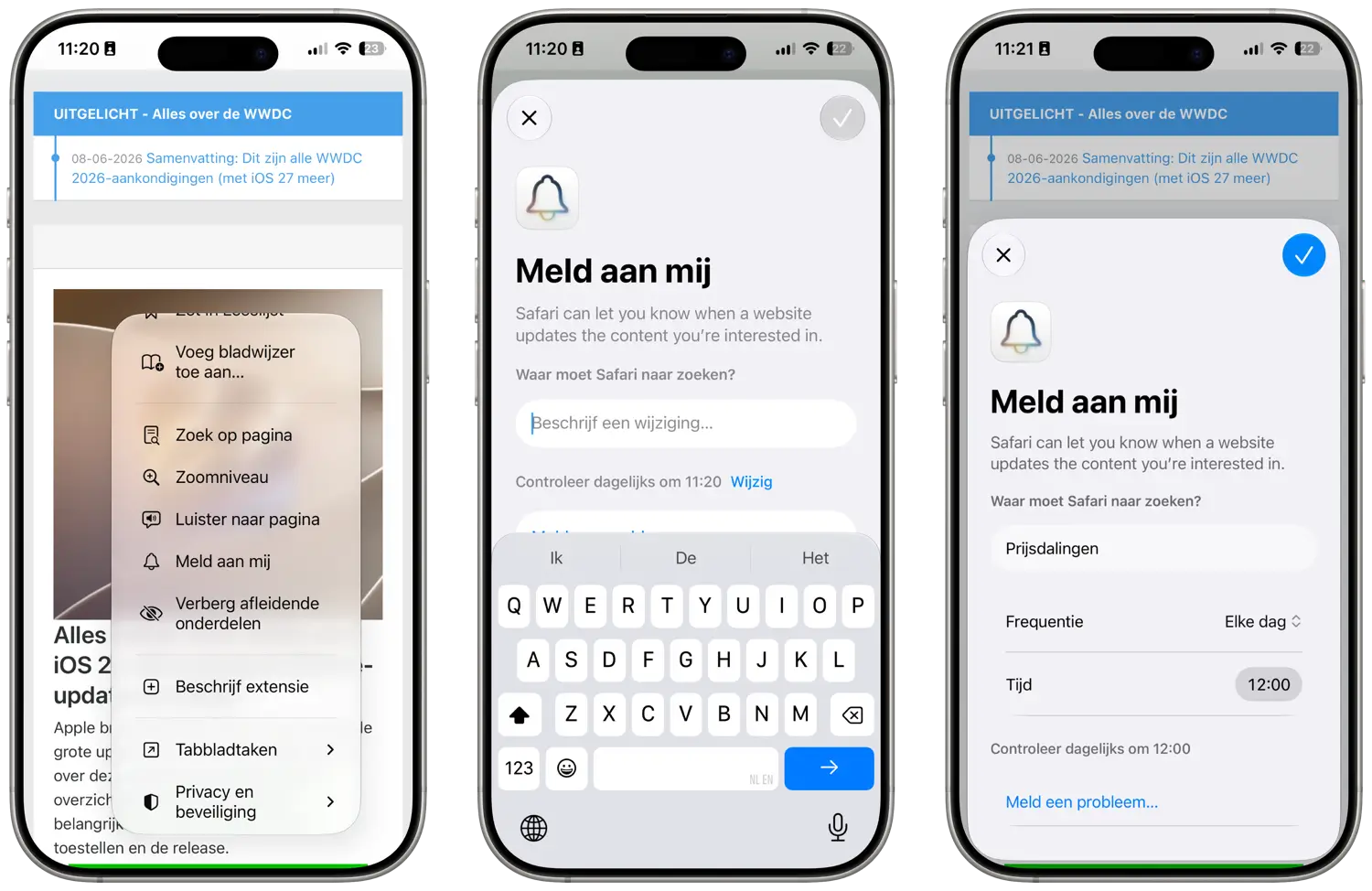 Safari in iOS 27: Meld aan mij voor een webpagina instellen