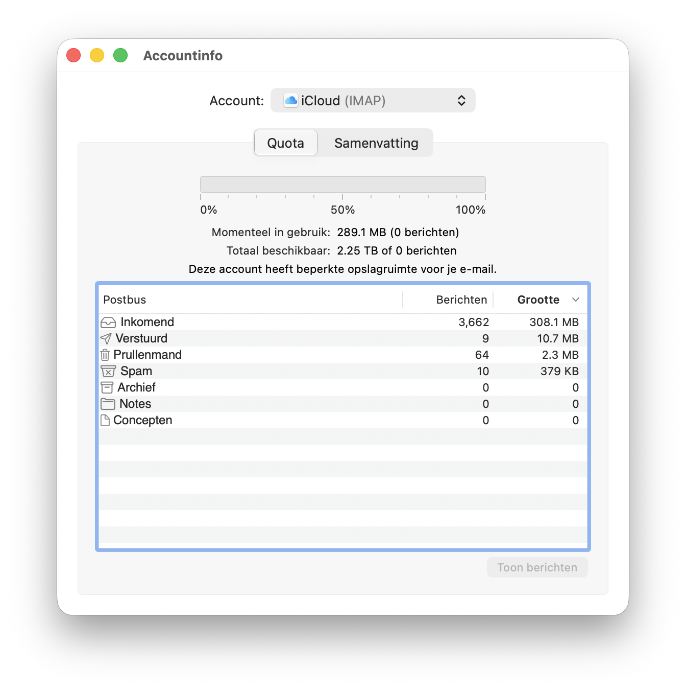 Quota controleren mail-app