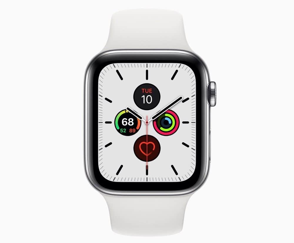 Apple Watch Series 5 met Meridian wijzerplaat in wit.